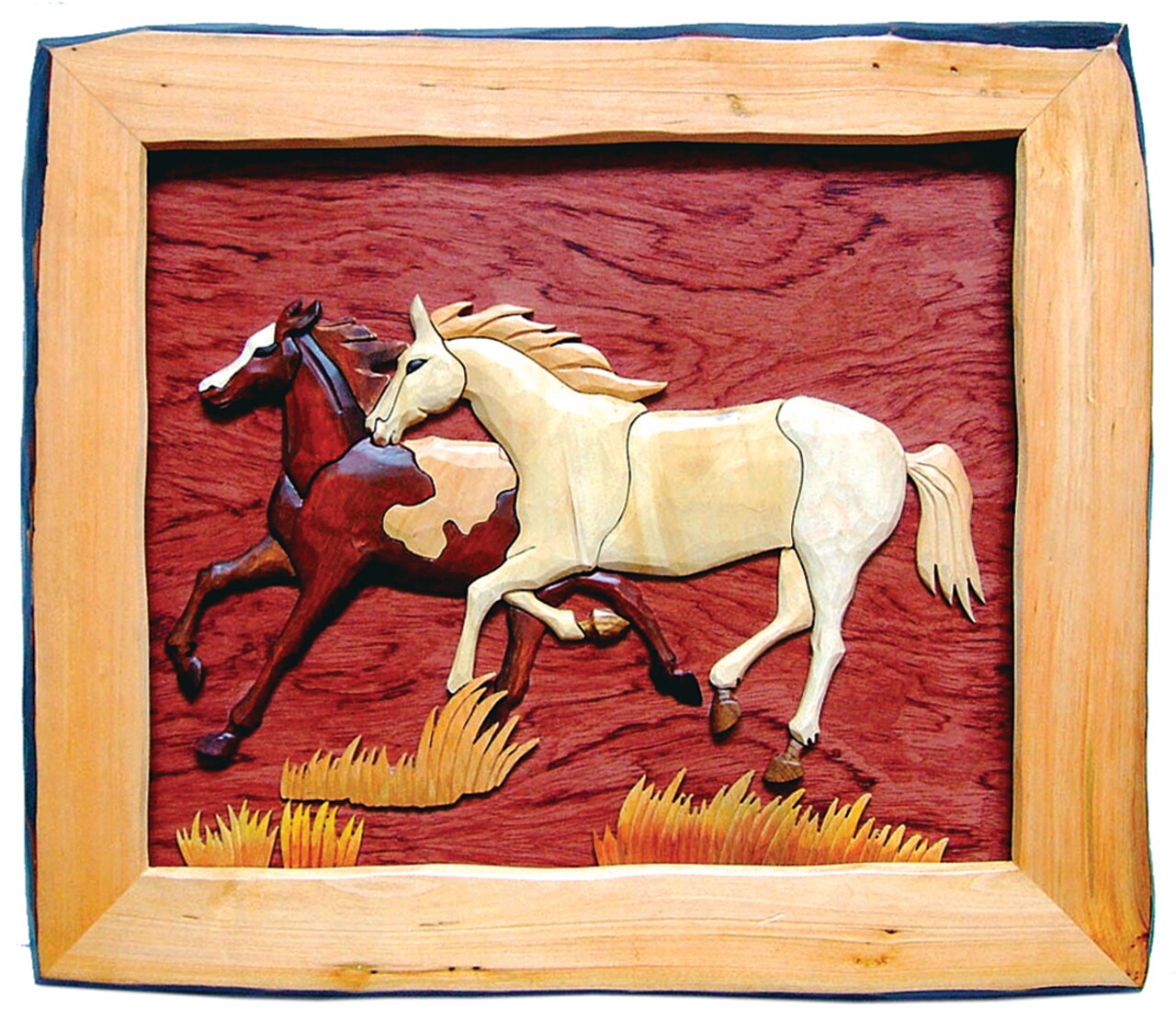 Horses Hand Crafted Intarsia Wood Art Wall Hanging 20 X 18 X 2 Inches